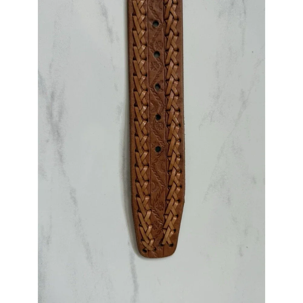 Vintage Hand Tooled Leather Belt Rose Oval Buckle Braided Western Boho Size 36